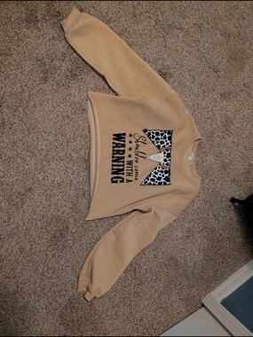 Beige Graphic Crewneck Sweatshirt with Cow Print Warning